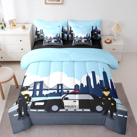 Feelyou Cartoon Police Car Bedding Comforter Set 7pcs, Equipment Truck Queen Bedding Sets, Cute Vehicle Theme Reversible Queen Sheet Sets, Ultra Soft Home Decor
