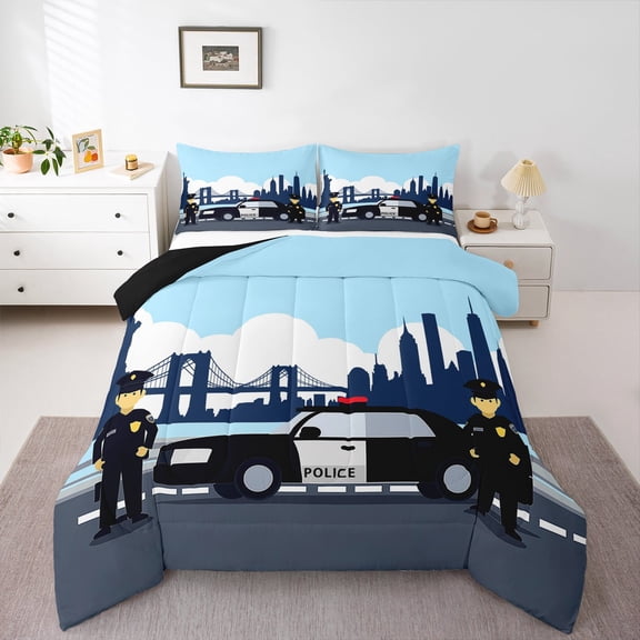 Feelyou Cartoon Police Car Bedding Comforter Set, Equipment Truck Twin Comforter Sets, Cute Vehicle Theme Reversible Bedding Set, Ultra Soft Home Decor, 2pcs