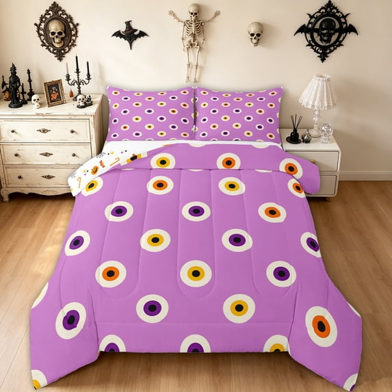 Feelyou Cartoon Polkadots Full Size Comforter Sets, Boho Halloween Dot Bedding Comforter Set, Lavender, Halloween Reversible, 3pcs, 1 Comforter and 2 Pillowcases