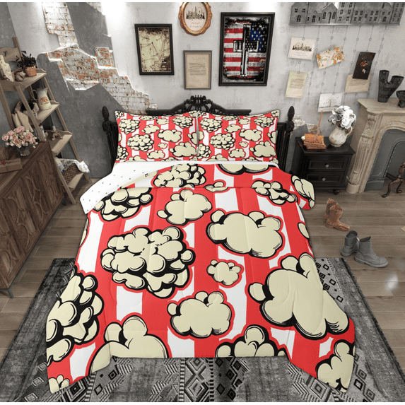 Feelyou Cartoon Popcorn Bedding Comforter Set for Kids, Red Stripes Geometric Twin Comforter Sets, Retro Film Cinema Reversible Bedding Set, Luxury Bedroom Decor, 2-Piece