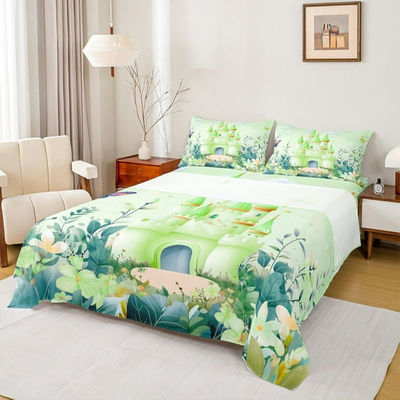 Feelyou Cartoon Princess Castle Queen Sheet Sets, Watercolor Floral Green Flat Sheet, Teens Kids Girls Women Queen Fitted Sheet, Lightweight Room Decor, 4 Pieces