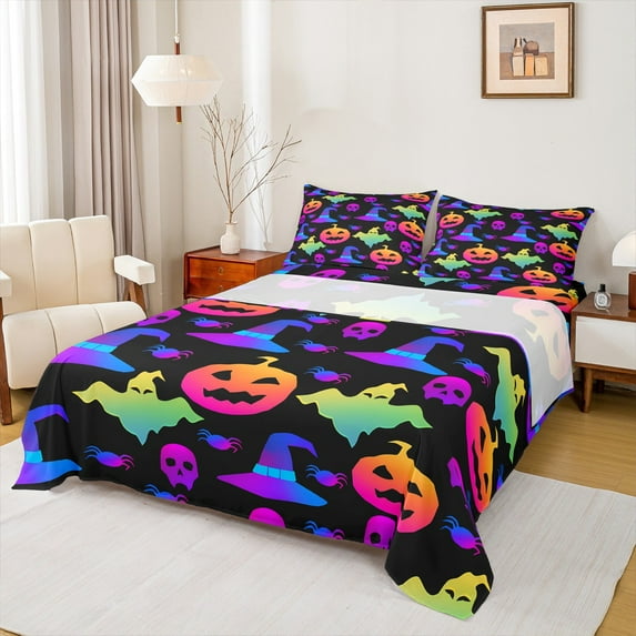 Feelyou Cartoon Pumpkin Bed Sheets for Teen, Halloween Bat Skeleton King Sheets, Witch Hat Sheet Set, Microfiber Bedroom Decor, 4pcs