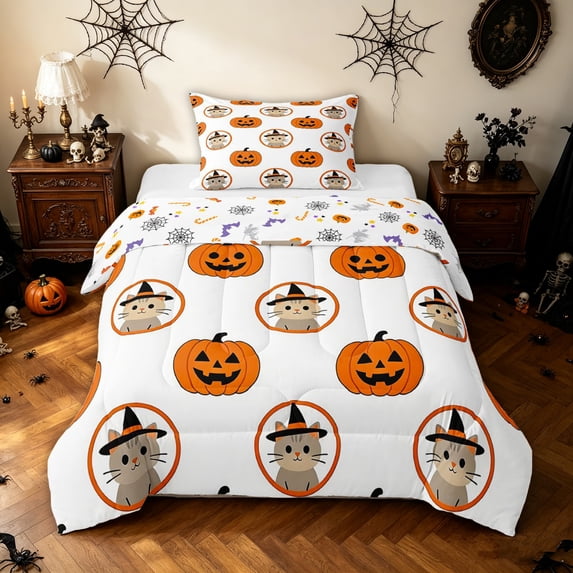 Feelyou Cartoon Pumpkin Twin Comforter Sets, Happy Halloween Witch Cat Bedding Set, White Orange, Halloween Reversible, 2-Piece, 1 Comforter and 2 Pillowcases