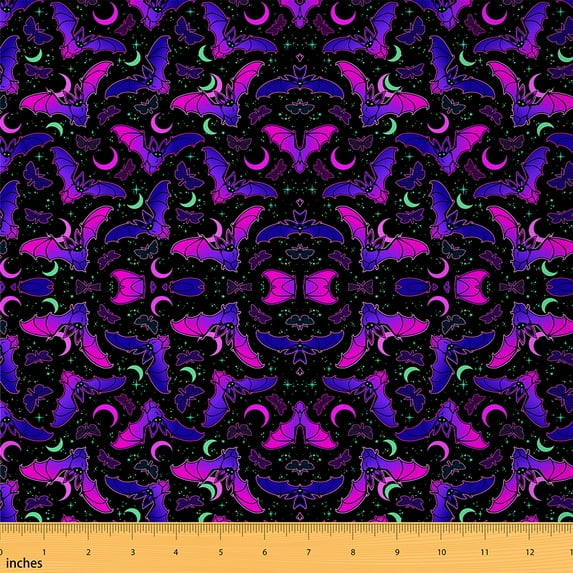 Feelyou Cartoon Purple Bat Fabric by the Yard 10 Yards for Kid, Happy Halloween Sewing Fabric, Kawaii Stars Moon Home Decor Fabric by the Yard, Super Cozy Room Decor