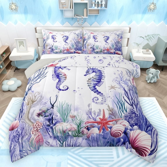 Feelyou Cartoon Purple Seahorse Bedding Comforter Set for Kids, Underwater World Twin Comforter Sets, Cartoon Ocean Sealife Reversible Bedding Set, Luxury Bedroom Decor, 2 Pieces