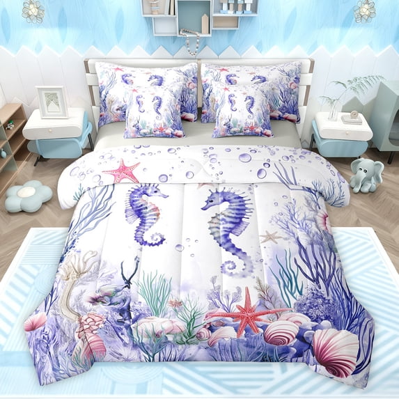 Feelyou Cartoon Purple Seahorse Twin Bedding Sets 7-Piece for Kids, Underwater World Bedding Comforter Set, Cartoon Ocean Sealife Reversible Sheet Sets, Luxury Bedroom Decor
