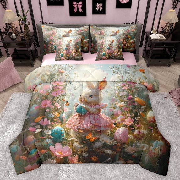 Feelyou Cartoon Rabbit Bunnies Bedding Comforter Set 7pcs, Kawaii Easter Eggs King Bedding Sets, Groovy Floral Flower Reversible Bed Sheets, Super Cozy Room Decor
