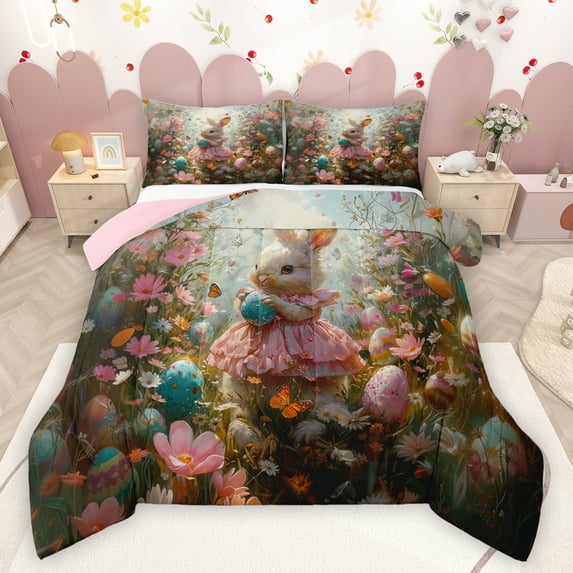 Feelyou Cartoon Rabbit Bunnies Queen Comforter Set, Kawaii Easter Eggs Bedding Sets, Groovy Floral Flower Reversible Bedding Comforter Set, Super Cozy Room Decor, 3 Pieces