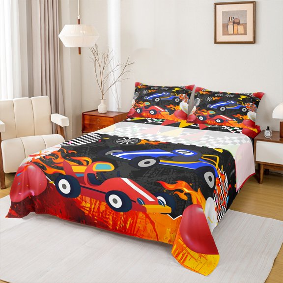 Feelyou Cartoon Race Car Full Size Sheets for Teens, Automobile Sport Bed Sheets, Happy Birthday Party Sheet Sets, Lightweight Room Decor, 4 Pieces