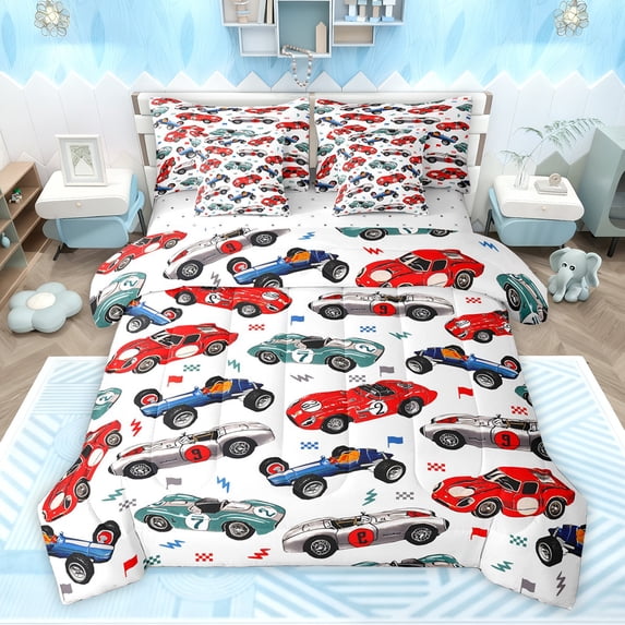 Feelyou Cartoon Racing Car Bedding Comforter Set 7pcs, Checkered Flag Queen Bedding Sets, Teens Kids Boys Girls Reversible Queen Sheet Sets, Super Cozy Room Decor