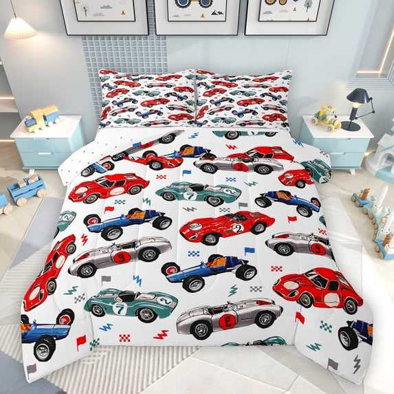 Feelyou Cartoon Racing Car Full Size Comforter Sets, Checkered Flag Bedding Comforter Set, Teens Kids Boys Girls Reversible Bedding Sets, Super Cozy Room Decor, 3-Piece