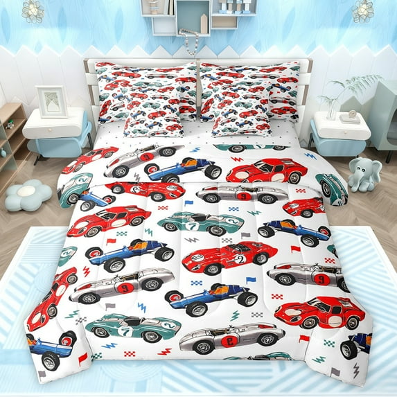 Feelyou Cartoon Racing Car Twin Bedding Sets 7-Piece, Checkered Flag Bedding Comforter Set, Teens Kids Boys Girls Reversible Sheet Sets, Super Cozy Room Decor