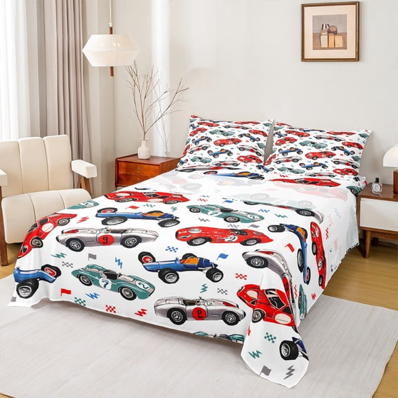 Feelyou Cartoon Racing Car Twin Sheet Sets, Checkered Flag Twin Fitted Sheet, Teens Kids Boys Girls Flat Sheet, Super Cozy Room Decor, 3-Piece