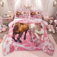 thumbnail image 1 of Feelyou Cartoon Racing Horse Queen Comforter Set, Spring Cherry Blossoms Bedding Sets, Kawaii Animal Pink Reversible Bedding Comforter Set, Breathable Home Decor, 3 Pieces, 1 of 8