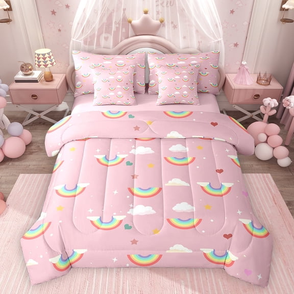 Feelyou Cartoon Rainbow Bedding Comforter Set 7pcs, Cloud Stars Print Queen Bedding Sets