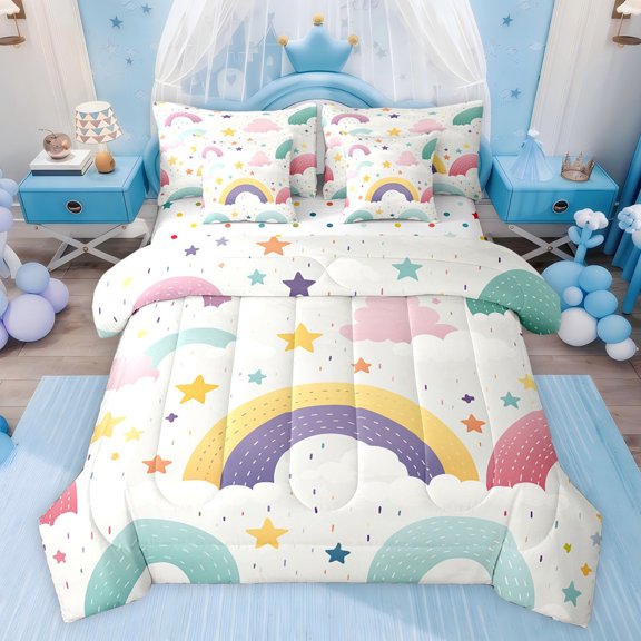 Feelyou Cartoon Rainbow Kids Bedding Comforter Set 7pcs, Dreamy Starry Sky Cloud King Bedding Sets, Stripes Lines Reversible Bed Sheets, Microfiber Bedroom Decor