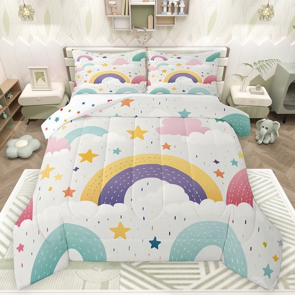 Feelyou Cartoon Rainbow Kids Bedding Comforter Set, Dreamy Starry Sky Cloud Twin Comforter Sets, Stripes Lines Reversible Bedding Set, Microfiber Bedroom Decor, 2 Pieces