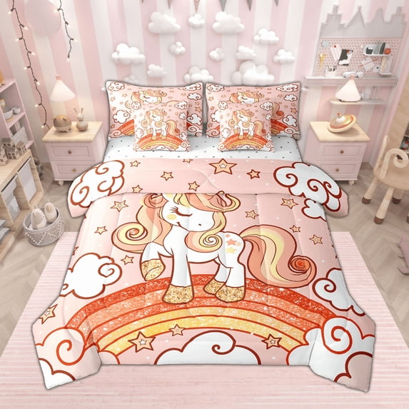 Feelyou Cartoon Rainbow Unicorn Bedding Comforter Set 7pcs for Kids, Stars Clouds Girl King Bedding Sets, Psychedelic Galaxy Bed Sheets, Orange