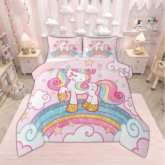 Feelyou Cartoon Rainbow Unicorn Bedding Comforter Set for Kids, Stars Clouds Girl Twin Comforter Sets, Psychedelic Galaxy Bedding Set, Pink