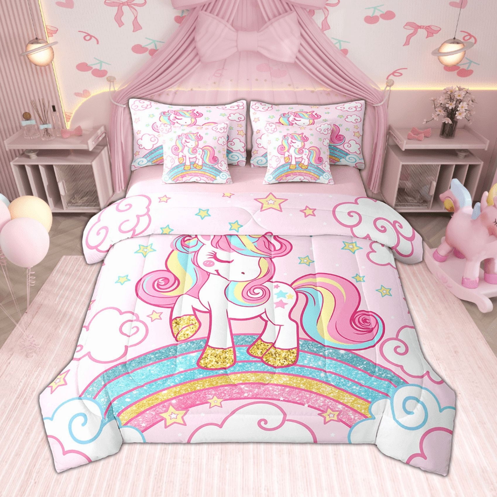 Feelyou Cartoon Rainbow Unicorn Twin Bedding Sets 7pcs for Kids, Stars ...