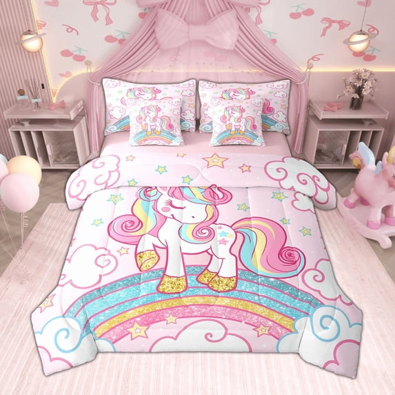 Feelyou Cartoon Rainbow Unicorn Twin Bedding Sets 7pcs for Kids, Stars Clouds Girl Bedding Comforter Set, Psychedelic Galaxy Sheet Sets, Pink