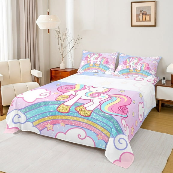 Feelyou Cartoon Rainbow Unicorn Twin Sheet Sets for Kids, Stars Clouds Girl Twin Fitted Sheet, Psychedelic Galaxy Flat Sheet