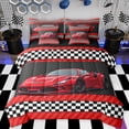 thumbnail image 1 of Feelyou Cartoon Red Automobile Bedding Comforter Set 7 Pieces, Speed Sports Lover Full Bedding Set, Checkered Square Plaid Reversible Fitted Sheet Flat Sheet, Lightweight Room Decor, 1 of 7