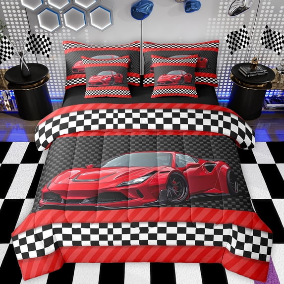 Feelyou Cartoon Red Automobile Bedding Comforter Set 7 Pieces, Speed Sports Lover Full Bedding Set, Checkered Square Plaid Reversible Fitted Sheet Flat Sheet, Lightweight Room Decor