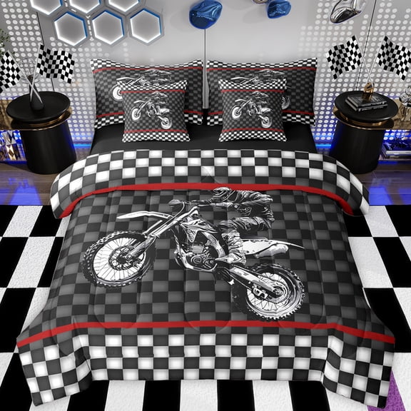 Feelyou Cartoon Red Automobile Bedding Comforter Set 7pcs, Speed Sports Lover King Bedding Sets, Checkered Square Plaid Reversible Bed Sheets, Luxury Bedroom Decor