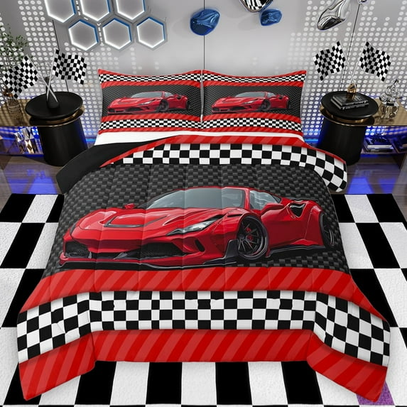 Feelyou Cartoon Red Automobile Bedding Comforter Set, Speed Sports Lover Twin Comforter Sets, Checkered Square Plaid Reversible Bedding Set, Lightweight Room Decor, 2-Piece