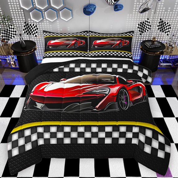 Feelyou Cartoon Red Automobile Bedding Comforter Set, Yellow Stripes Lines Twin Comforter Sets, Checkered Square Plaid Reversible Bedding Set, Breathable Home Decor, 2pcs