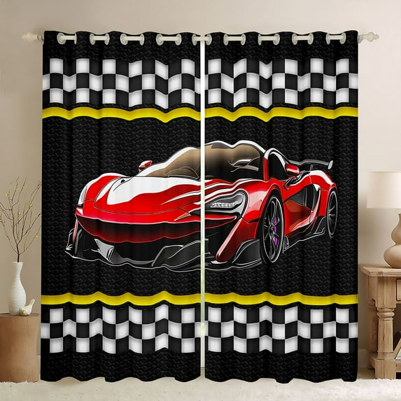 Feelyou Cartoon Red Automobile Blackout Curtains Set of 2 (52x84 Each), Yellow Stripes Lines Window Curtains, Checkered Square Plaid Curtains and Drapes, Living Room Curtains Decor
