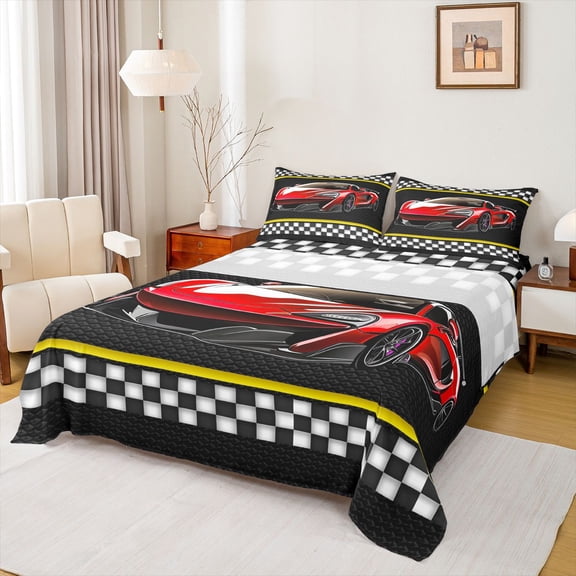 Feelyou Cartoon Red Automobile Queen Sheet Sets, Yellow Stripes Lines Flat Sheet, Checkered Square Plaid Queen Fitted Sheet, Breathable Home Decor, 4pcs