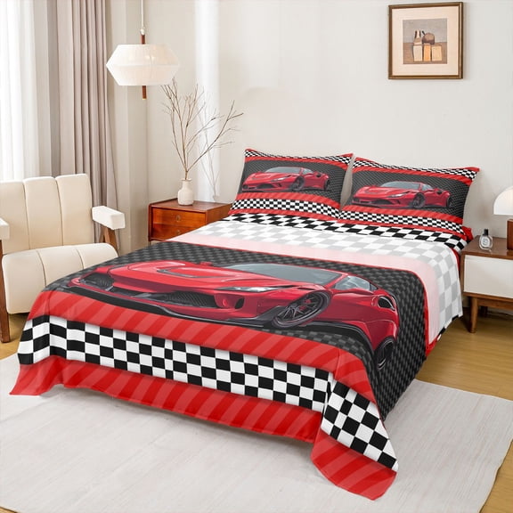 Feelyou Cartoon Red Automobile Twin Sheet Sets, Speed Sports Lover Twin Fitted Sheet, Checkered Square Plaid Flat Sheet, Lightweight Room Decor, 3-Piece