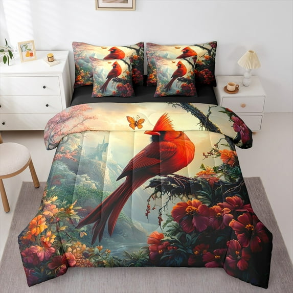 Feelyou Cartoon Red Bird Bedding Comforter Set 7pcs for Teens, Princess Castle Queen Bedding Sets, Flower Plant Botanical Reversible Queen Sheet Sets, Super Cozy Room Decor