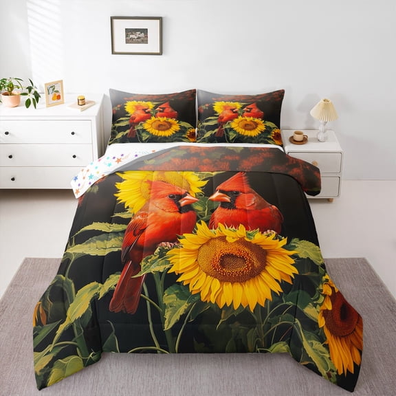 Feelyou Cartoon Red Bird Bedding Comforter Set for Teens, Kawaii Rustic Animal Twin Comforter Sets, Vibrant Sunflower Reversible Bedding Set, Breathable Home Decor, 2-Piece