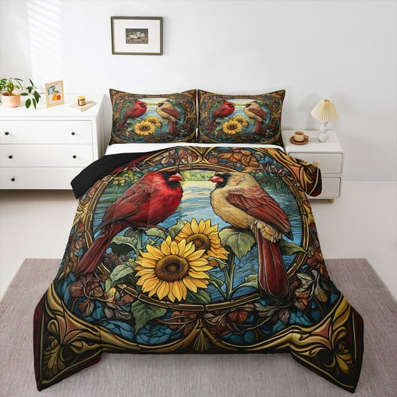 Feelyou Cartoon Red Bird Bedding Comforter Set for Teens, Kawaii Rustic Sunflower Twin Comforter Sets, Hippie Bohemian Damask Reversible Bedding Set, Lightweight Room Decor, 2 Pieces
