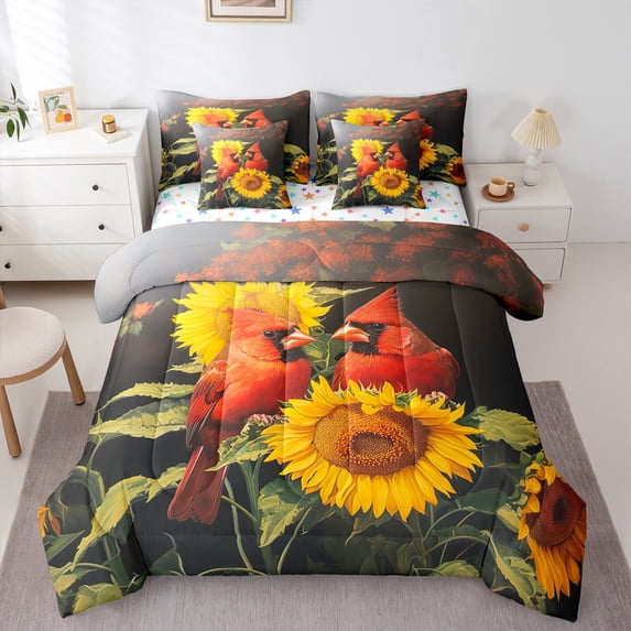 Feelyou Cartoon Red Bird Twin Bedding Sets 7-Piece for Teens, Kawaii Rustic Animal Bedding Comforter Set, Vibrant Sunflower Reversible Sheet Sets, Breathable Home Decor