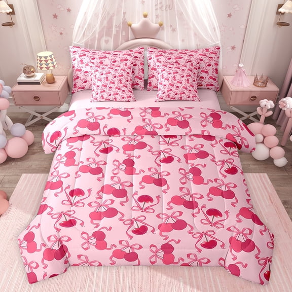 Feelyou Cartoon Red Cherry Bedding Comforter Set 7 Pieces for Girls, Kawaii Ribbon Bowknot Full Bedding Set, Fairy Tale Princess Reversible Fitted Sheet Flat Sheet, Super Cozy Room Decor