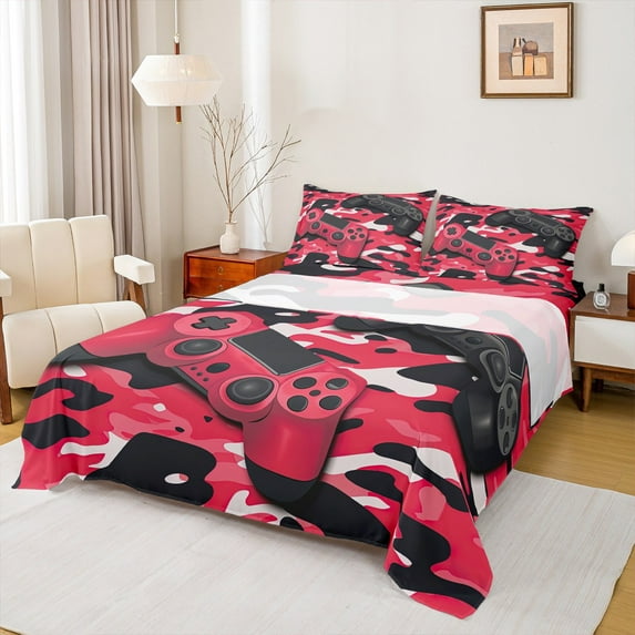 Feelyou Cartoon Red Gamepad Bed Sheets, Chic Camouflage Camo King Sheets, Teens Kids Boys Girls Sheet Set, Lightweight Room Decor, 4pcs