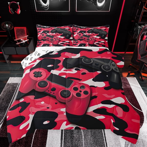 Feelyou Cartoon Red Gamepad Bedding Comforter Set, Chic Camouflage Camo Twin Comforter Sets, Teens Kids Boys Girls Reversible Bedding Set, Lightweight Room Decor, 2pcs