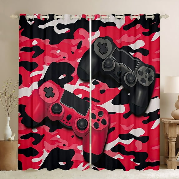 Feelyou Cartoon Red Gamepad Blackout Curtains Set of 2 (52x84 Each), Chic Camouflage Camo Window Curtains, Teens Kids Boys Girls Curtains and Drapes, Curtains and Drapes Decor