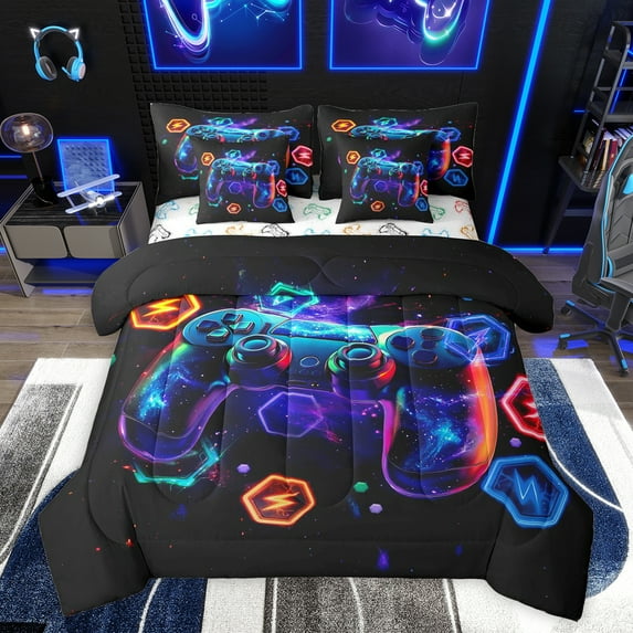 Feelyou Cartoon Red Gamepad Twin Bedding Sets 7-Piece for Kids, Neon Square Honeycomb Bedding Comforter Set, Modern Video Gaming Reversible Sheet Sets, Microfiber Bedroom Decor