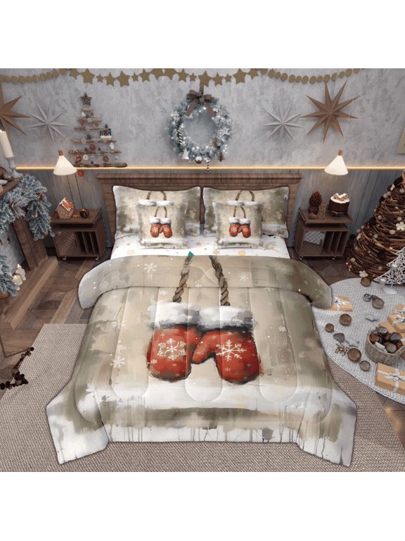 Cartoon Red Gloves Bedding Comforter Set 7pcs, Christmas Snowflake King Bedding Sets, Winter Snowflake Reversible Bed Sheets, Luxury Bedroom Decor