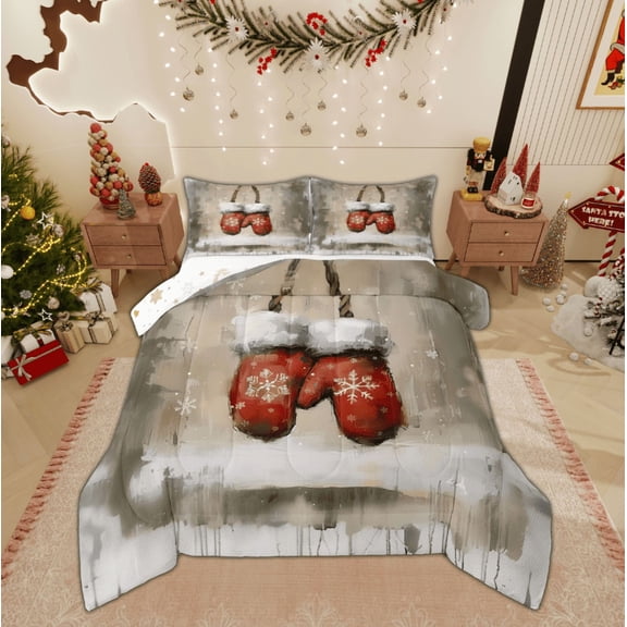 Feelyou Cartoon Red Gloves Queen Comforter Set, Christmas Snowflake Bedding Sets, Winter Snowflake Reversible Bedding Comforter Set, Luxury Bedroom Decor,3 Pieces