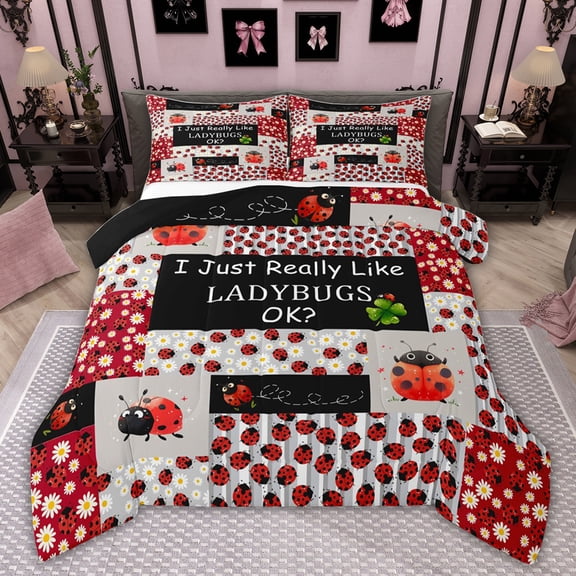 Feelyou Cartoon Red Ladybug Twin Comforter Sets, Kawaii Animal Bedding Set, 2pcs