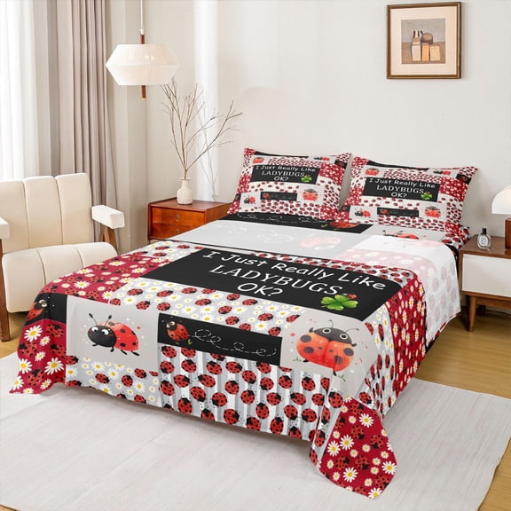 Feelyou Cartoon Red Ladybug Twin Sheet Sets, Kawaii Animal Bedding, 3pcs
