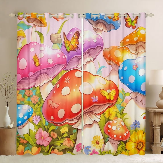 Feelyou Cartoon Red Mushroom Black Out Curtains for Kids, Dreamy Fairy Tale Curtains Pack of 2 (42x63 Each), Kawaii Jungle Flower Bedroom Curtains, Black Out Curtains Decor