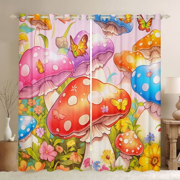 Feelyou Cartoon Red Mushroom Black Out Curtains for Kids, Dreamy Fairy Tale Curtains Pack of 2 (42x63 Each), Kawaii Jungle Flower Bedroom Curtains, Black Out Curtains Decor