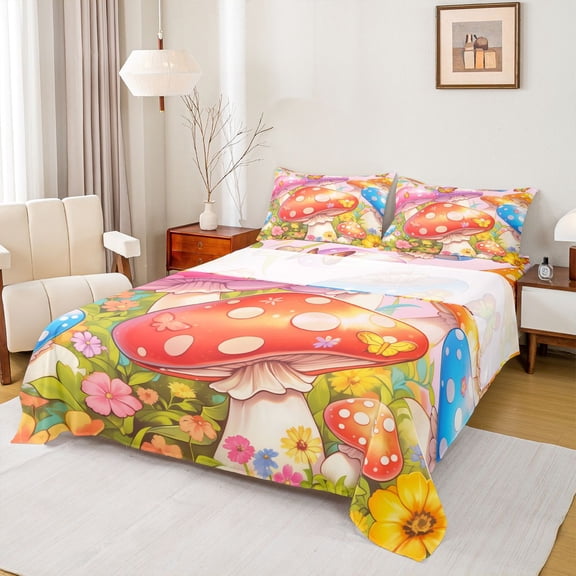 Feelyou Cartoon Red Mushroom Full Size Sheets for Kids, Dreamy Fairy Tale Bed Sheets, Kawaii Jungle Flower Sheet Sets, Ultra Soft Bedroom Decor, 4 Pieces